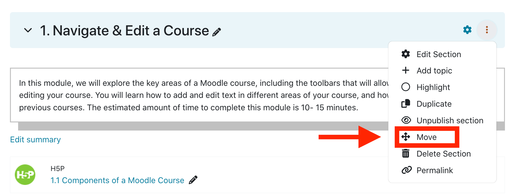 Screenshot of a Moodle course. The "Move" function is being highlighted from the item settings drop-down menu.